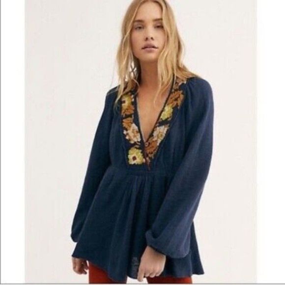 New Free People Rose Red Linen Blend Embroidered Blue - Picture 2 of 16